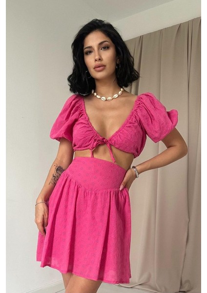 Fuşya Brode Crop ve Mini Etek Takım