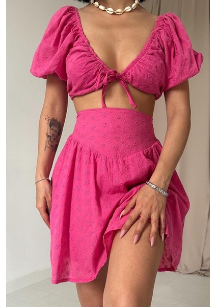 Fuşya Brode Crop ve Mini Etek Takım