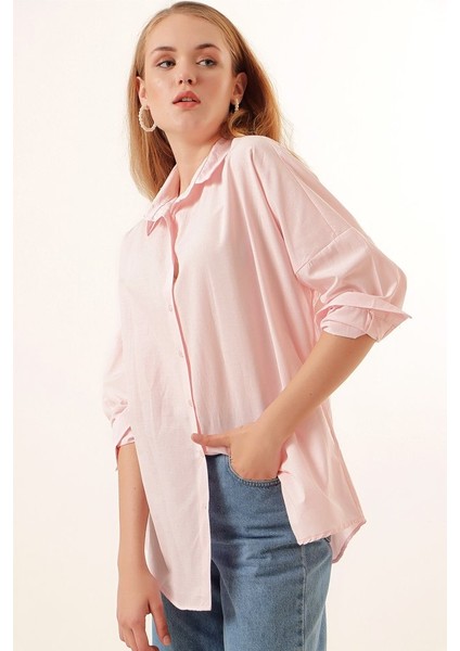 3900 Oversize Uzun Basic Gömlek - Pudra