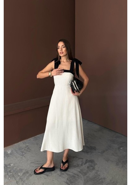 Bej Omuzdan Bağlamalı Keten Elbise fiyatları