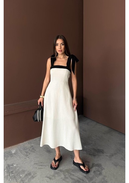 Bej Omuzdan Bağlamalı Keten Elbise modelleri