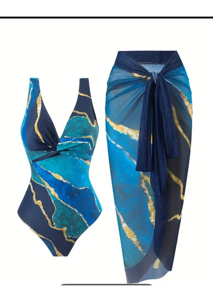 Okyanus Altın Baskılı Iki Parçalı Bodysuit Mayo ve Sarma Etek Seti, Twist Stili XXL modelleri