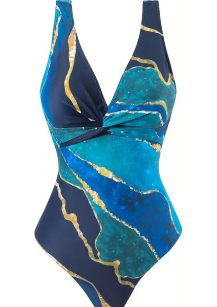 Okyanus Altın Baskılı Iki Parçalı Bodysuit Mayo ve Sarma Etek Seti, Twist Stili XXL fırsatları