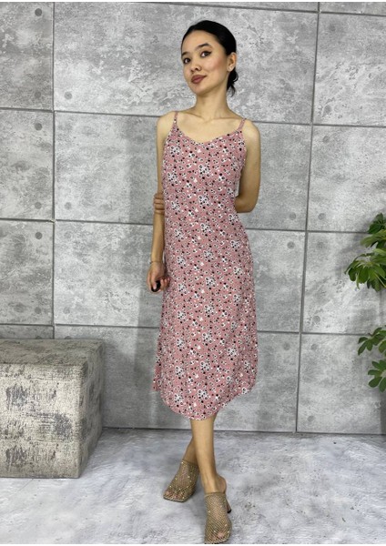 Gülkurusu Çiçek Desenli Askılı Elbise