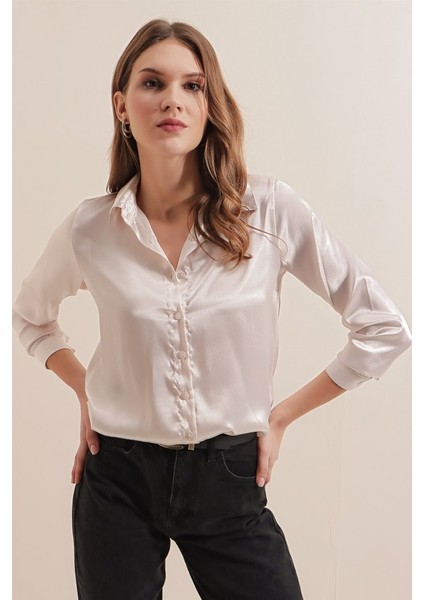 3964 Hafif Dökümlü Saten Gömlek - Krem fırsatları