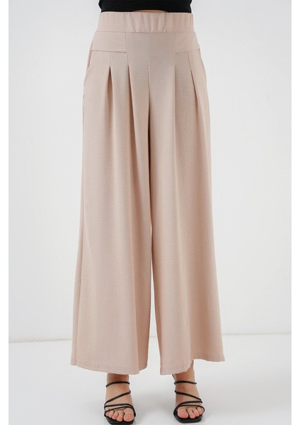 Geniş Paça Pileli Pantolon 6718 - Krem modelleri