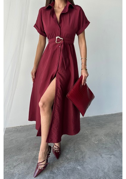 Önden Düğmeli Crushlı Modal Elbise - Bordo modelleri