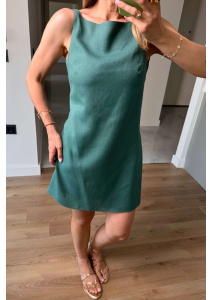 Yeşil Kare Yaka Askılı Astarlı Premium Keten Elbise fiyatları