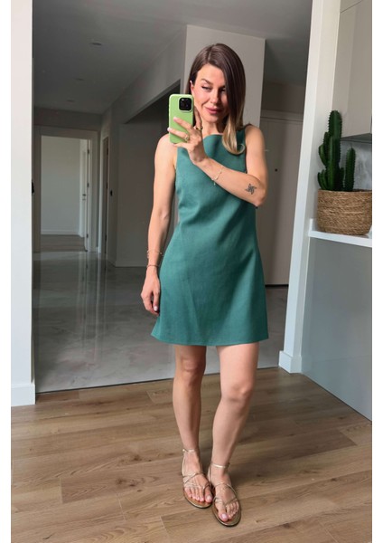 Yeşil Kare Yaka Askılı Astarlı Premium Keten Elbise modelleri