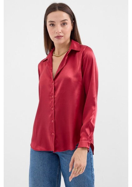 3964 Hafif Dökümlü Saten Gömlek - A.bordo modelleri