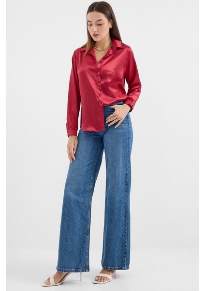 3964 Hafif Dökümlü Saten Gömlek - A.bordo