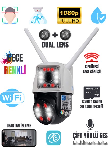 Dual Lens 2+2mp Wifi Güvenlik Kamerası Gece Renkli 355° Çift Ses Sd Destekli