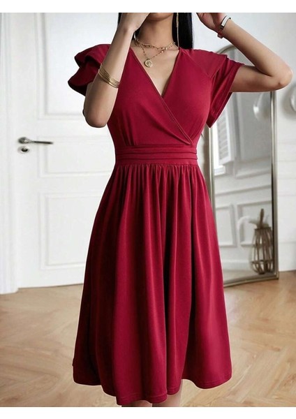 Kadın Kısa Fırfır Kollu Kruvaze Yakalı Kiloş Janjan Krep Elbise fırsatları