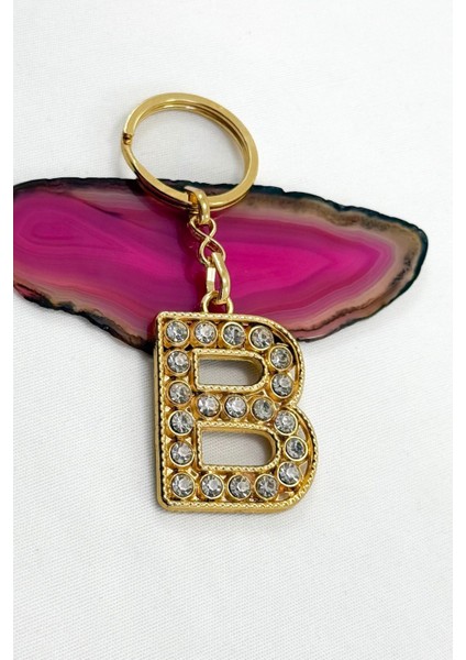 Gold Renkli Parlak Taşlı B Harfi Anahtarlık, Hediyelik Harfli Anahtarlık