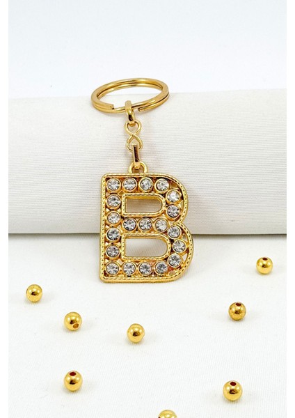 Gold Renkli Parlak Taşlı B Harfi Anahtarlık, Hediyelik Harfli Anahtarlık