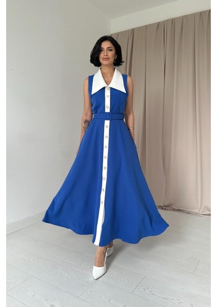 Saks Geniş Yakalı Halter Kollu Elbise