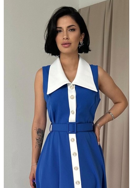 Saks Geniş Yakalı Halter Kollu Elbise