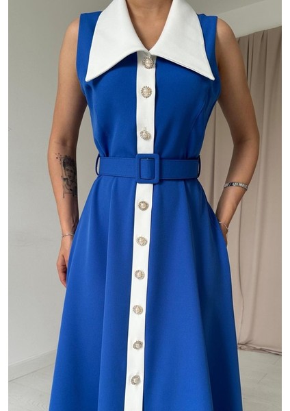 Saks Geniş Yakalı Halter Kollu Elbise