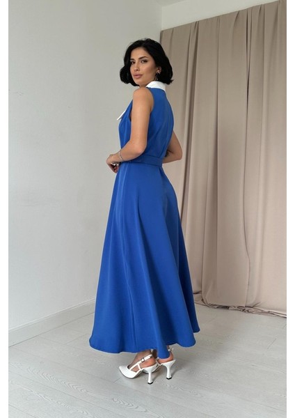 Saks Geniş Yakalı Halter Kollu Elbise