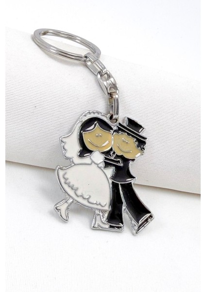 Sarılan Gelin Damat Figürlü Metal Anahtarlık, Hediyelik Düğün Anahtarlık