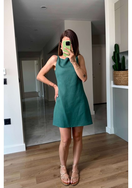 Yeşil Kare Yaka Askılı Astarlı Premium Keten Elbise