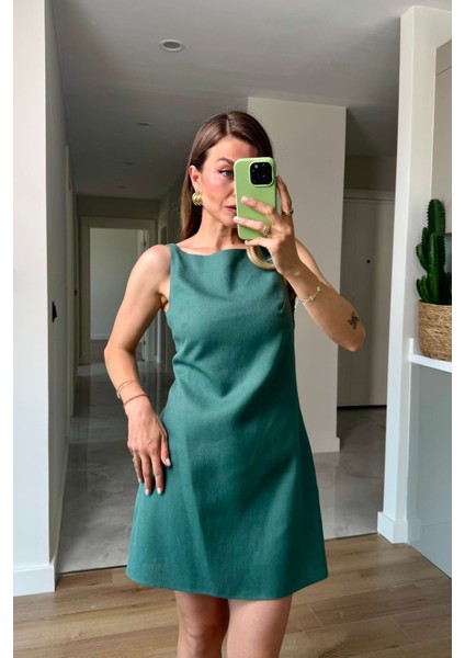 Yeşil Kare Yaka Askılı Astarlı Premium Keten Elbise fırsatları