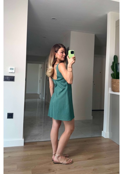 Yeşil Kare Yaka Askılı Astarlı Premium Keten Elbise indirimleri