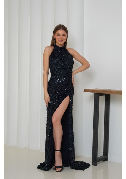 Pul Işlemeli Halter Yaka Balık Abiye Lacivert Elbise