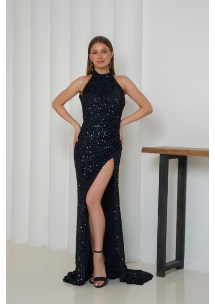 Pul Işlemeli Halter Yaka Balık Abiye Lacivert Elbise fiyatları