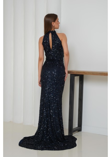 Pul Işlemeli Halter Yaka Balık Abiye Lacivert Elbise modelleri