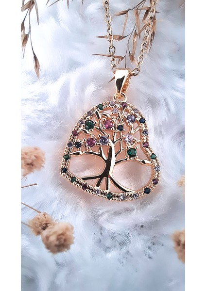 Yaşam Ağacı Figürlü Zirkon Taşlı Çelik Kolye