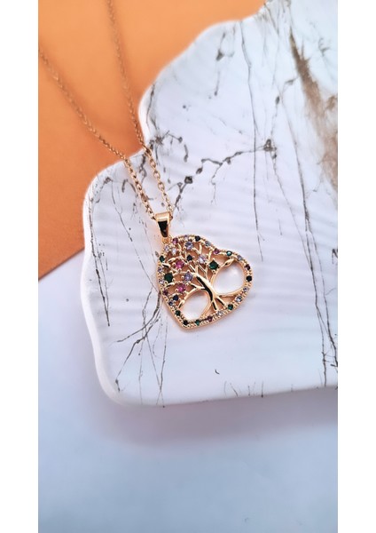 Yaşam Ağacı Figürlü Zirkon Taşlı Çelik Kolye modelleri