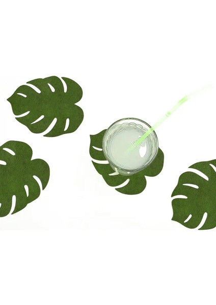 6'lı Tropikal Yaprak Desenli Keçe Bardak Altlığı - Yeşil 10X11CM