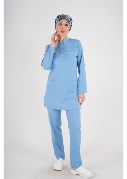 Bebe Mavi Renk Sakura Model Tesettür Doktor Hemşire Scrubs Üniforma Takımı