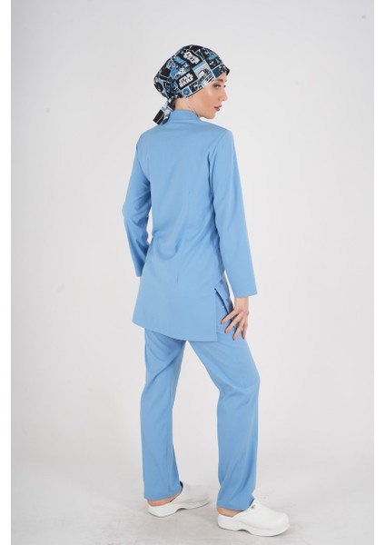 Bebe Mavi Renk Sakura Model Tesettür Doktor Hemşire Scrubs Üniforma Takımı