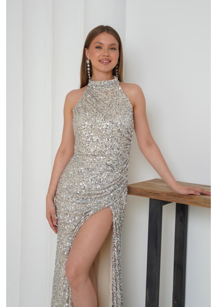 Pul Işlemeli Halter Yaka Balık Abiye Gümüş Elbise fırsatları