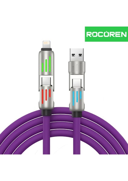 240W 4'ü 1 Arada Type-C / Usb-A / Lightning Mor Silikon Şarj ve Data Kablosu 1.2 Metre