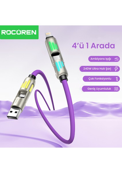 240W 4'ü 1 Arada Type-C / Usb-A / Lightning Mor Silikon Şarj ve Data Kablosu 1.2 Metre