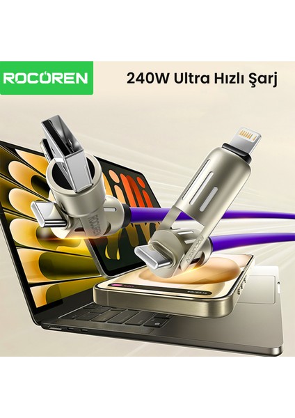 240W 4'ü 1 Arada Type-C / Usb-A / Lightning Mor Silikon Şarj ve Data Kablosu 1.2 Metre
