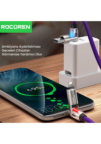 240W 4'ü 1 Arada Type-C / Usb-A / Lightning Mor Silikon Şarj ve Data Kablosu 1.2 Metre