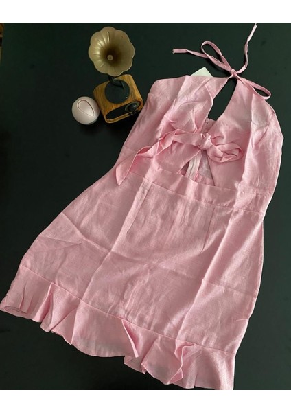 Pembe Ip Askılı Cut-Out Detaylı Keten Elbise