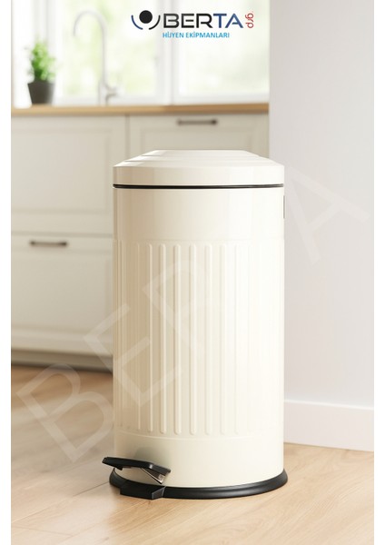 Vintage Krem Çöp Kovası Amortisörlü Kapak Çizgili Lüks Model 16Lt