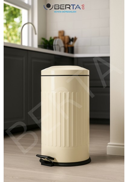 Vintage Krem Çöp Kovası Amortisörlü Kapak Çizgili Lüks Model 16Lt modelleri