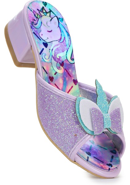 Unicorn Kız Çocuk Topuklu Simli Abiye Terlik Lila
