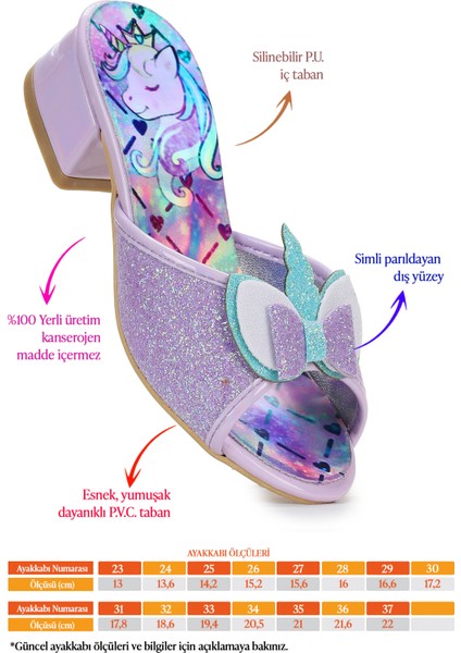 Unicorn Kız Çocuk Topuklu Simli Abiye Terlik Lila fiyatları