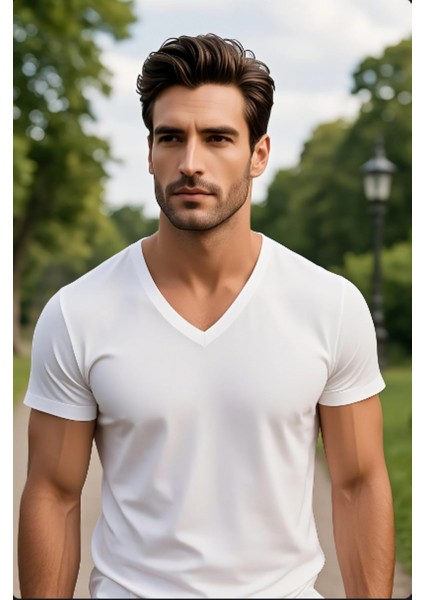 Beyaz Renk Erkek V Yakalı T-Shirt Likralı Pamuk Spor Tişört