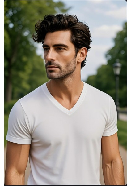 Beyaz Renk Erkek V Yakalı T-Shirt Likralı Pamuk Spor Tişört fiyatları