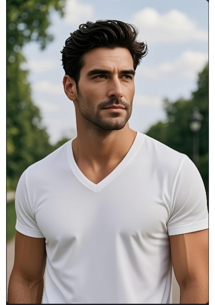 Beyaz Renk Erkek V Yakalı T-Shirt Likralı Pamuk Spor Tişört modelleri