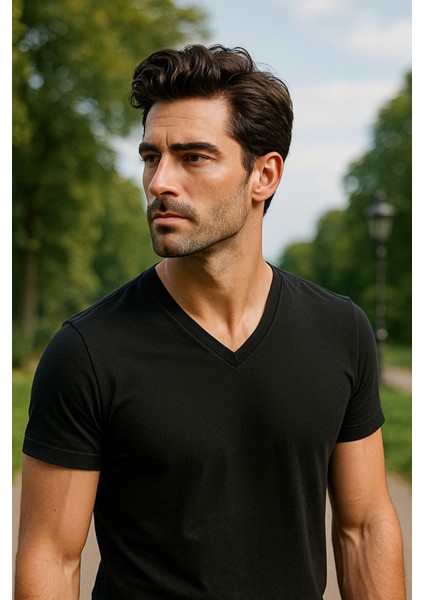Siyah Renk Erkek V Yakalı T-Shirt Likralı Pamuk Spor Tişört