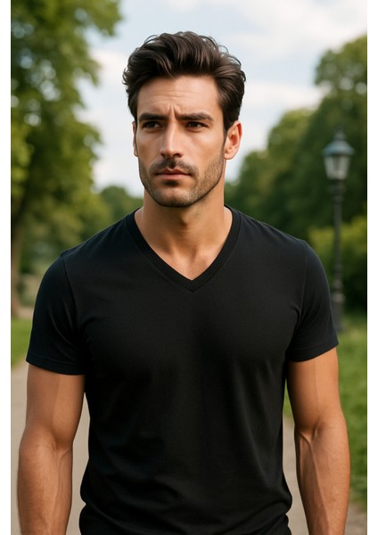 Siyah Renk Erkek V Yakalı T-Shirt Likralı Pamuk Spor Tişört fiyatları